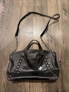 Michael Kors Black Leather Shoulder Tote with Chain-Trim